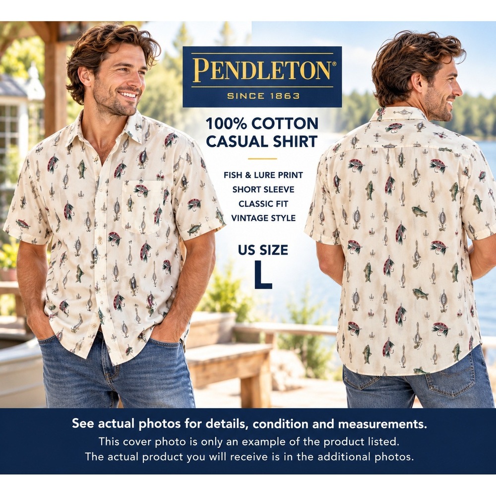 Pendleton Mens L Fishing Lure Fly Fish Print Shirt 100% Cotton Short Sleeve 1962